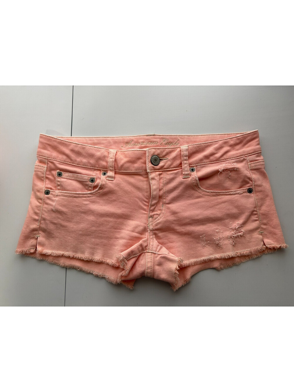 Y2K American Eagle Women’s Micro Mini Peach Denim Shorts Size 8 Distressed